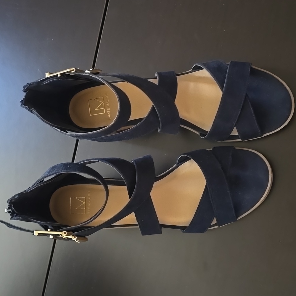 Material Girl Navy Blue Suede Strappy Block Heel Sandals